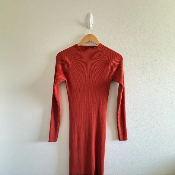 Aritzia Wilfred Alchemy Orange Ribbed Knit Bodycon Slit MIDI Dress Size Medium - Picture 6 of 9